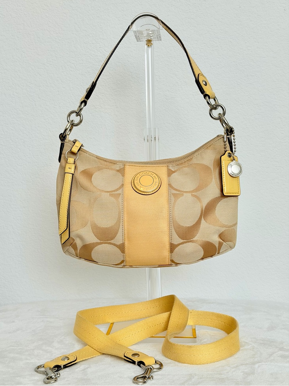 Coach 2012 Beige Signature Canvas Shoulder Bag with Yellow Accents